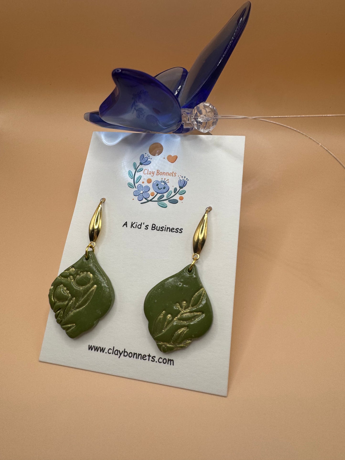 Olive green floral earrings